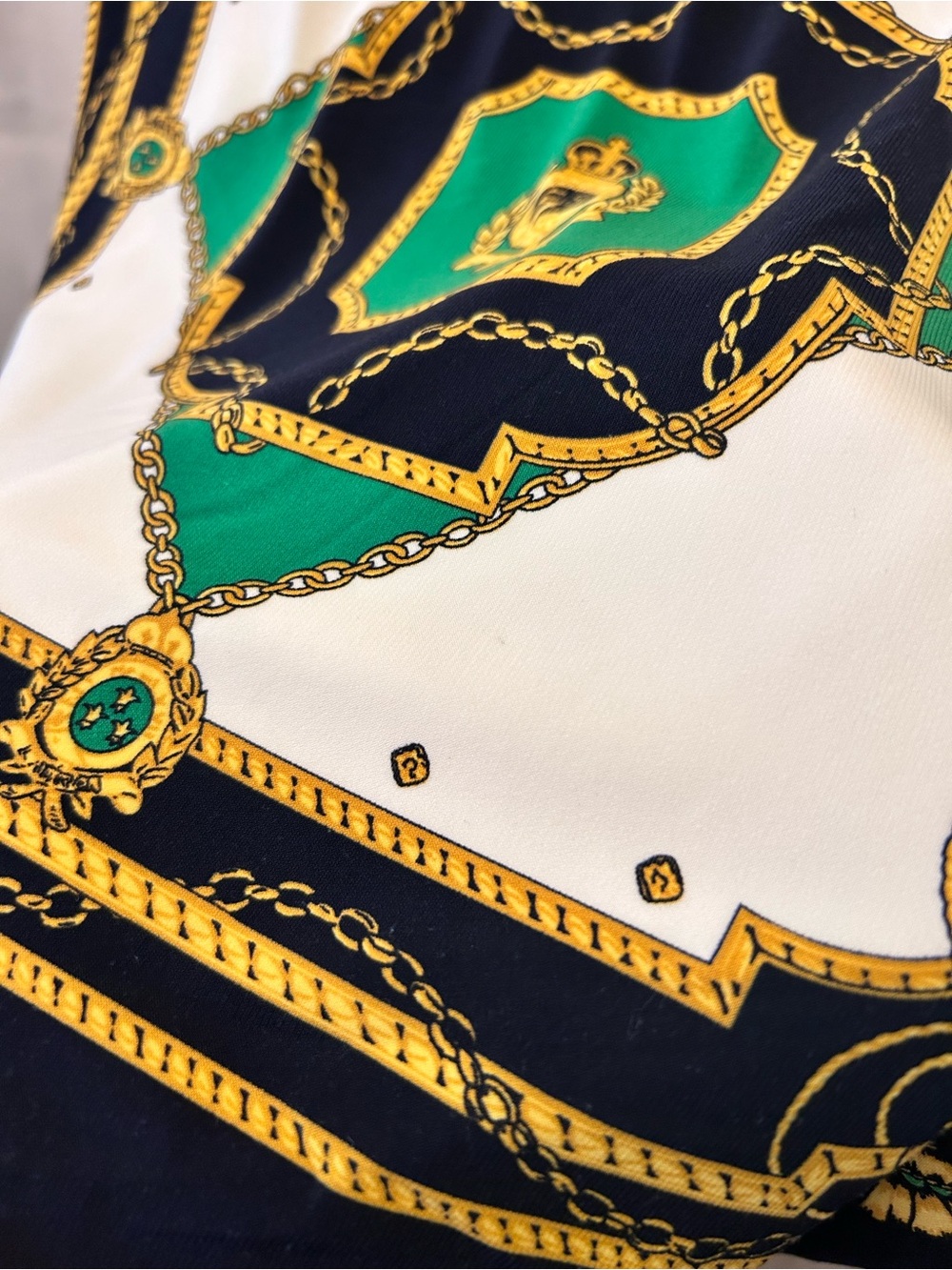 Lauren Ralph Lauren Navy Midi Dress with Green & Gold Scarf Motif - Picture 3 of 8